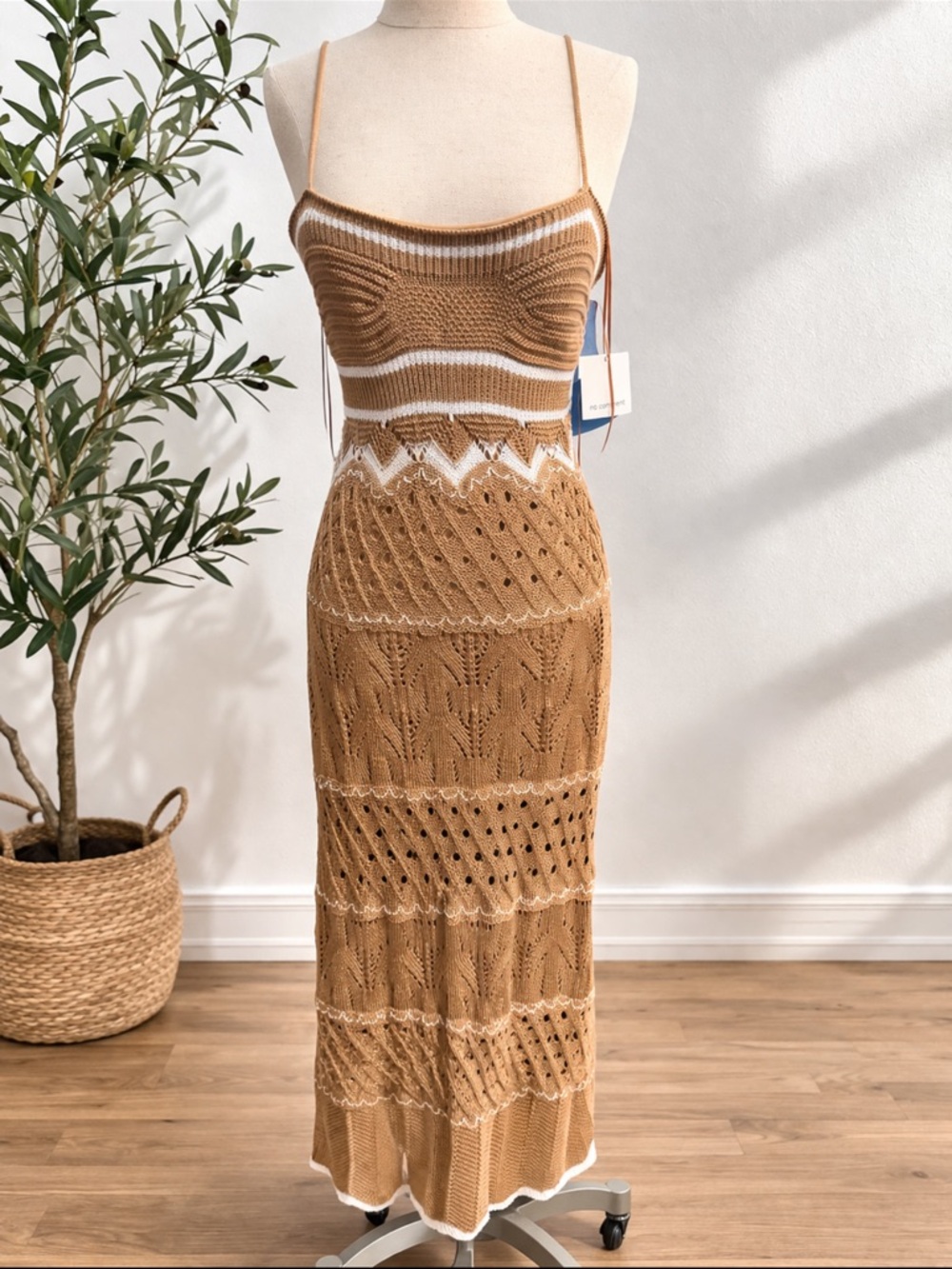 Knit Spaghetti-Strap Midi Dress in Camel with White Trim